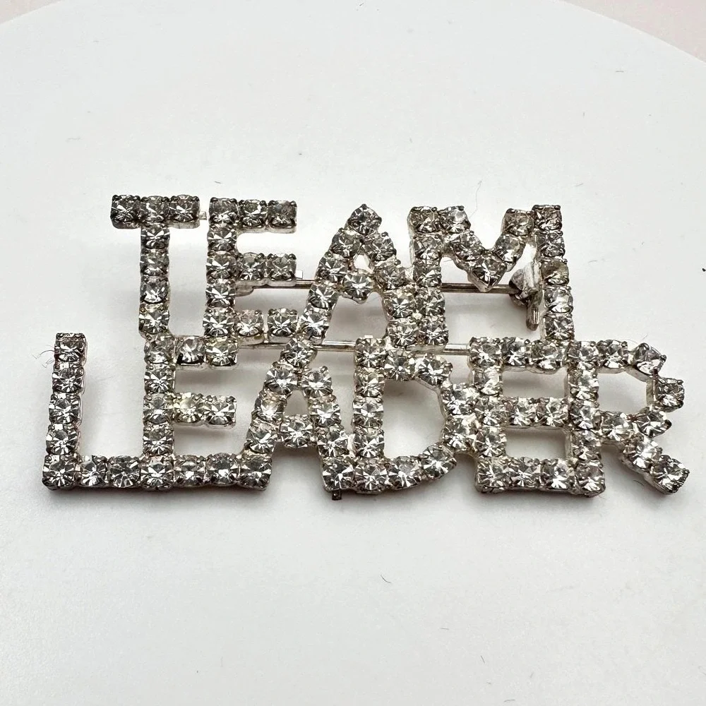 Vintage 80s Silver Tone Rhinestone‎ Team Leader Word Figural Brooch Pin Jewelry